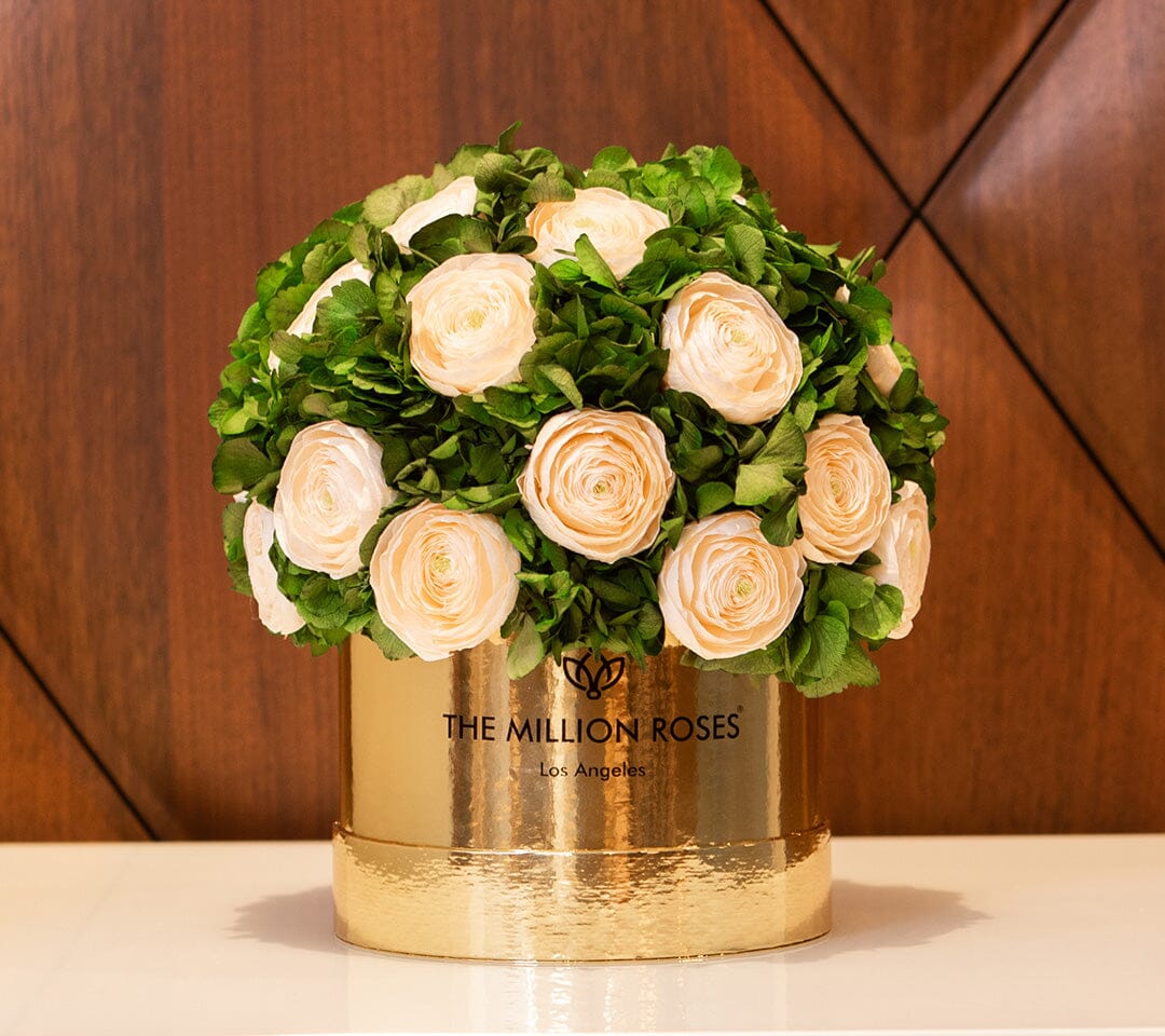 Classic Mirror Gold Box | Peach Persian Buttercups & Green Hydrangeas