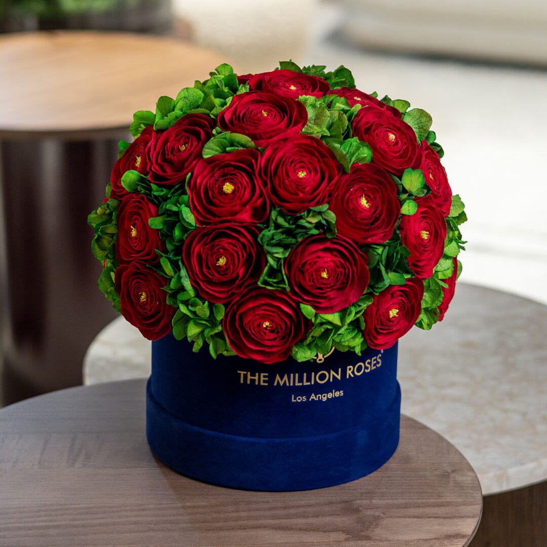 Classic Royal Blue Suede Box | Red Persian Buttercups & Green Hydrangeas