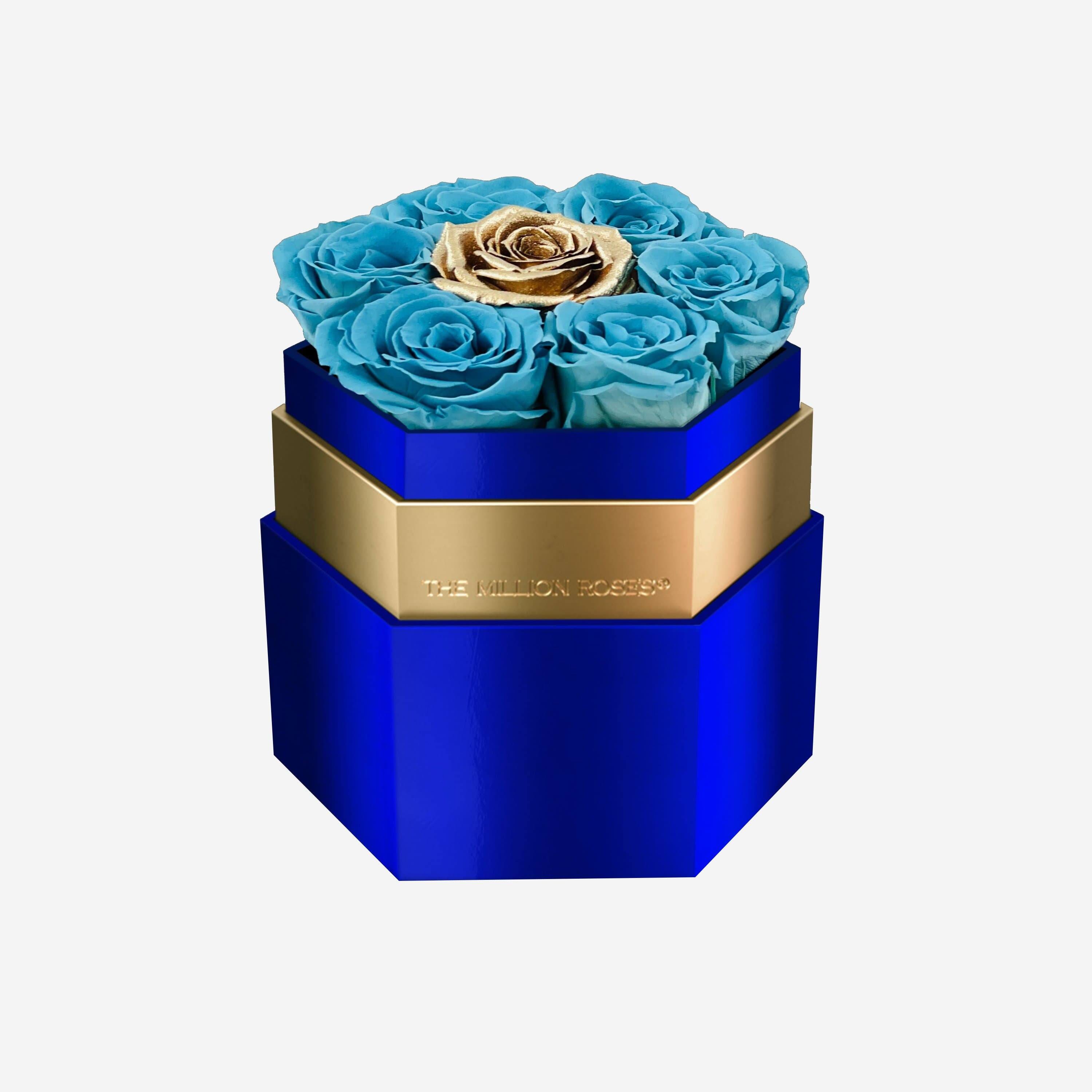 One in a Million™ Mirror Blue Hexagon Box | Light Blue & Gold Roses - The Million Roses