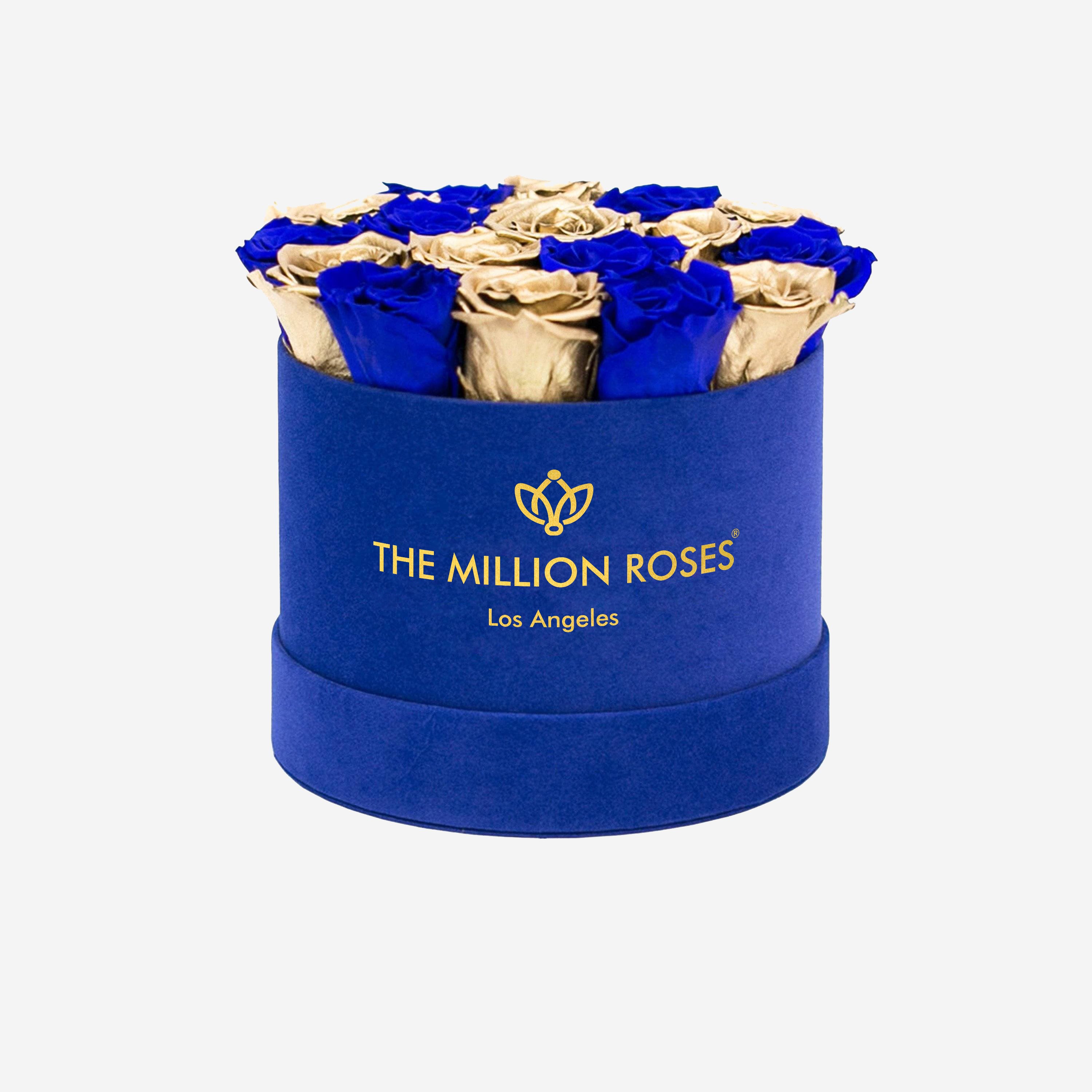 Classic Royal Blue Suede Box | Royal Blue & Gold Roses - The Million Roses