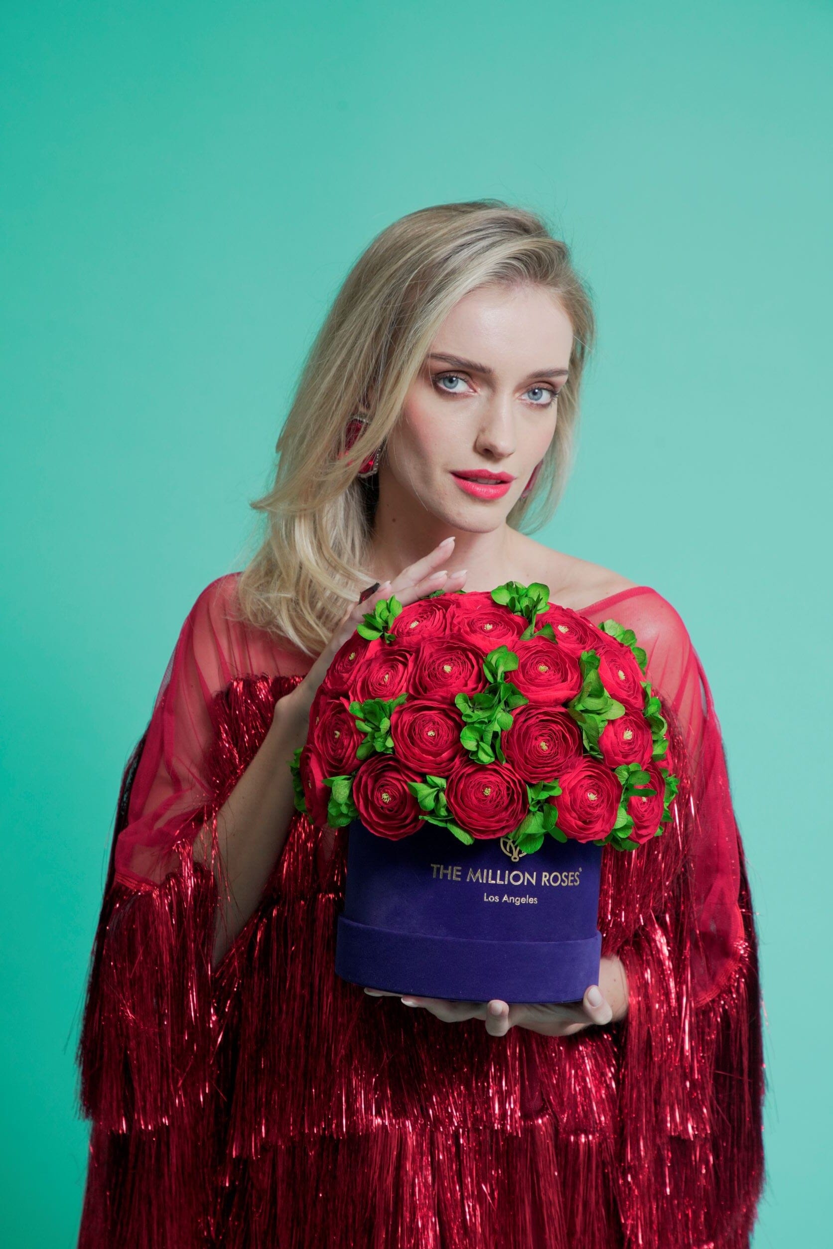 Classic Mint Green Suede Box | Red Persian Buttercups & Green Hydrangeas - The Million Roses