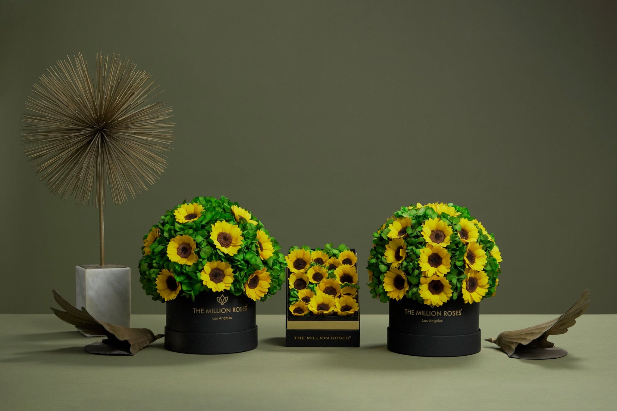 Classic Bordeaux Suede Box | Sunflowers & Green Hydrangeas - The Million Roses